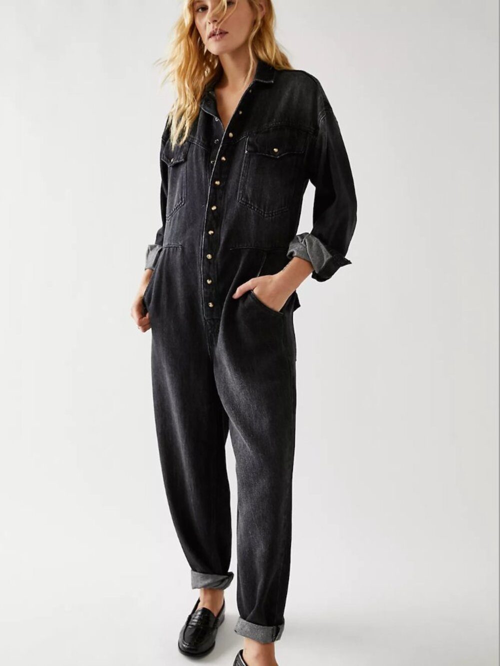 Free People Townes Denim Jumpsuit Coveralls Black NWT L Washed Cotton Boilersuit